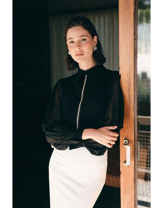 Nervür Detaylı Bluz - Siyah