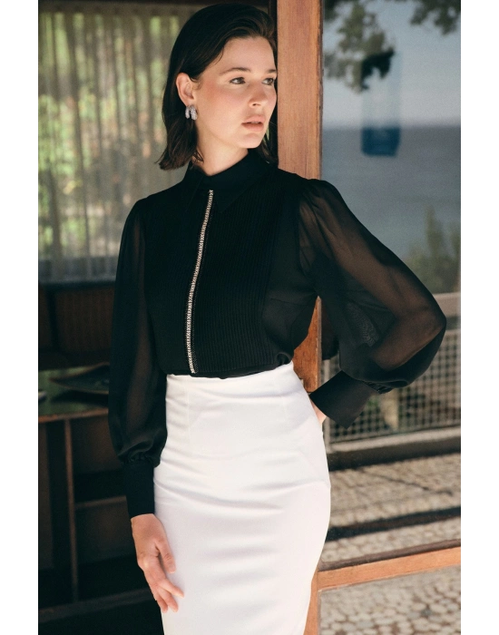 Nervür Detaylı Bluz - Siyah