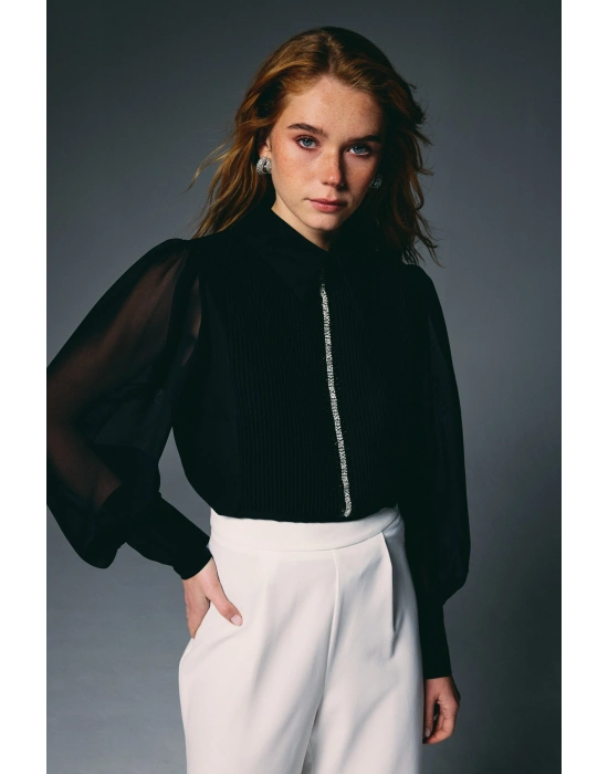 Nervür Detaylı Bluz - Siyah