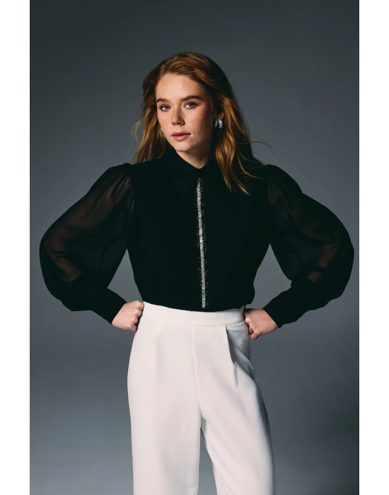 Nervür Detaylı Bluz - Siyah