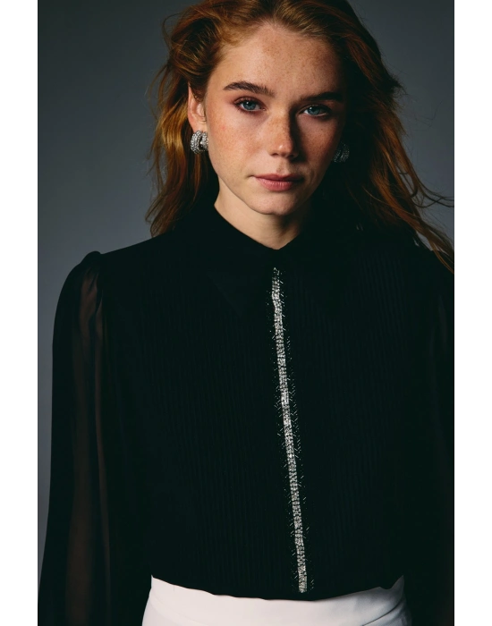 Nervür Detaylı Bluz - Siyah