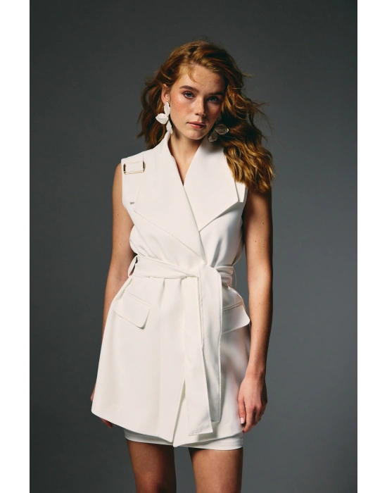 Omuz Aksesuarlı Kuşaklı Yelek - Ekru