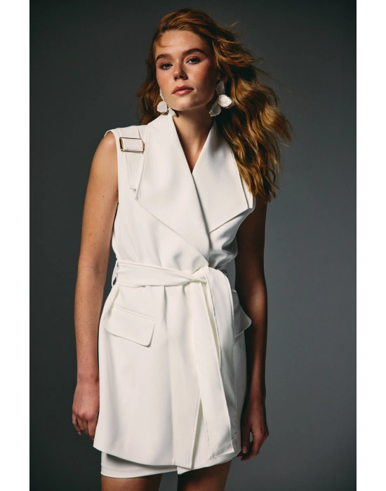 Omuz Aksesuarlı Kuşaklı Yelek - Ekru