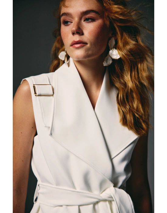 Omuz Aksesuarlı Kuşaklı Yelek - Ekru