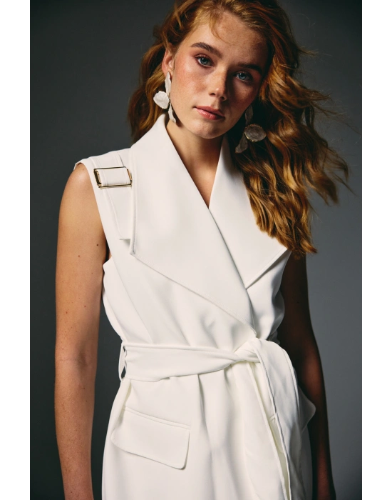 Omuz Aksesuarlı Kuşaklı Yelek - Ekru