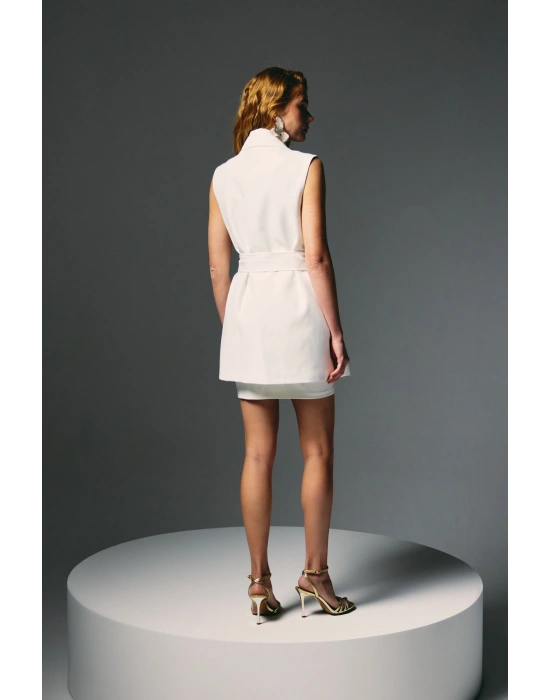 Omuz Aksesuarlı Kuşaklı Yelek - Ekru