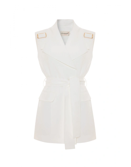 Omuz Aksesuarlı Kuşaklı Yelek - Ekru