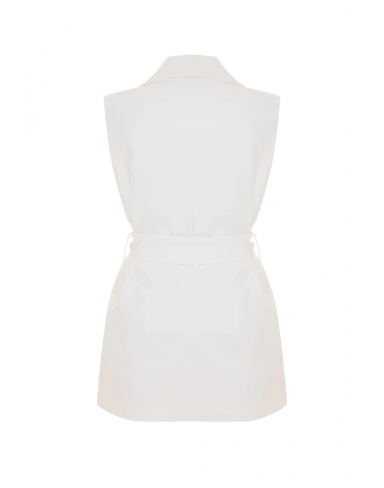 Omuz Aksesuarlı Kuşaklı Yelek - Ekru