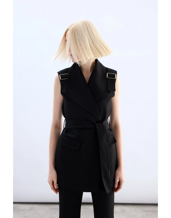 Omuz Aksesuarlı Kuşaklı Yelek - Siyah