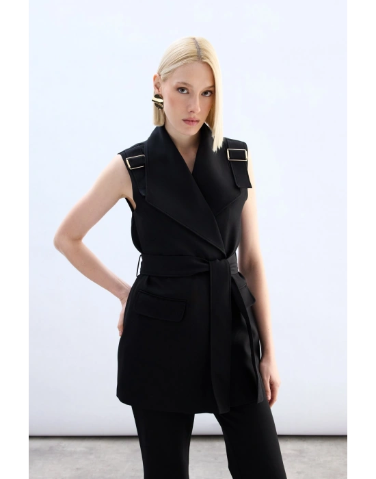 Omuz Aksesuarlı Kuşaklı Yelek - Siyah