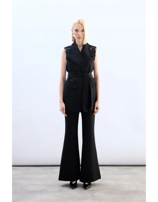 Omuz Aksesuarlı Kuşaklı Yelek - Siyah