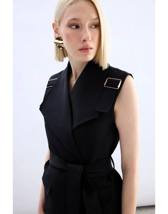 Omuz Aksesuarlı Kuşaklı Yelek - Siyah