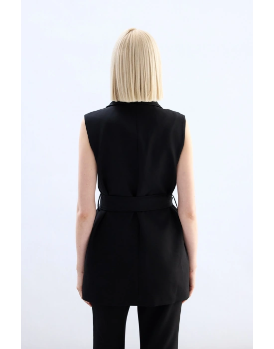 Omuz Aksesuarlı Kuşaklı Yelek - Siyah