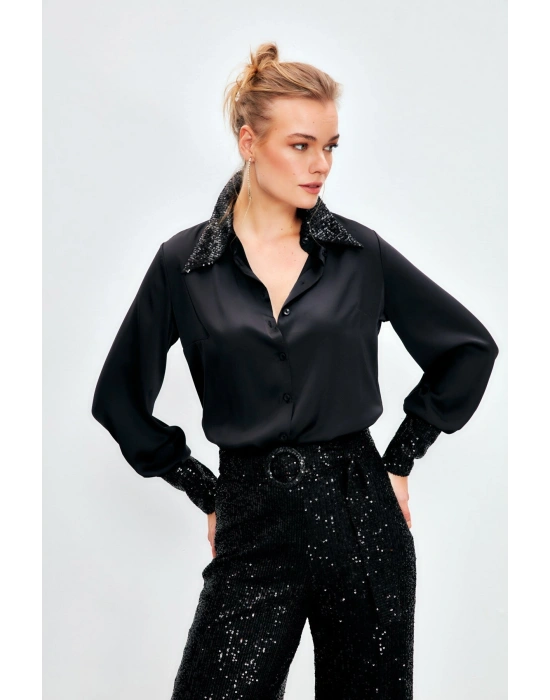 Payet Detaylı Saten Gömlek - SİYAH
