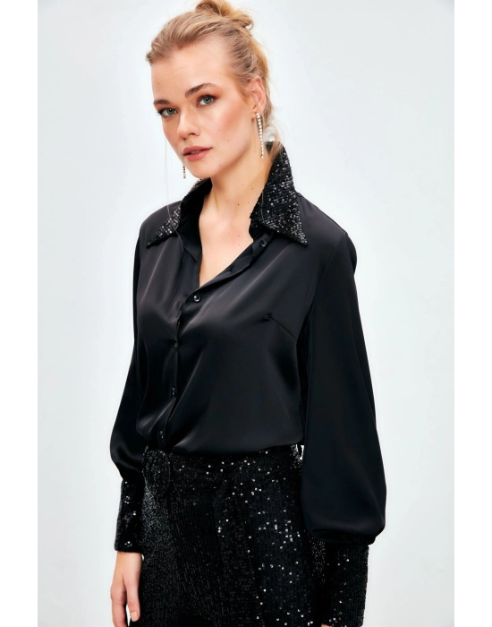 Payet Detaylı Saten Gömlek - SİYAH