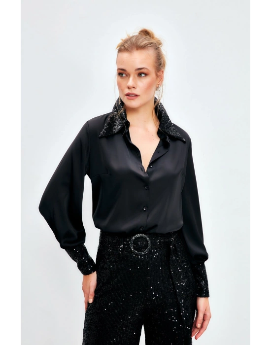 Payet Detaylı Saten Gömlek - SİYAH