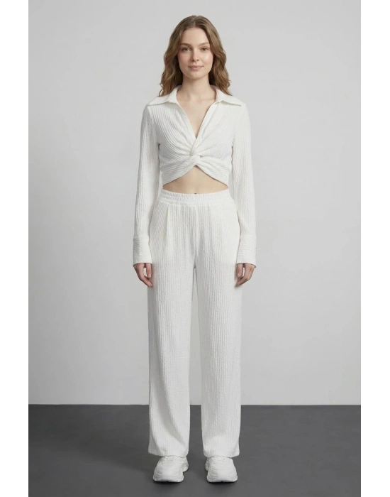 Pile Detaylı Pantolon Ekru