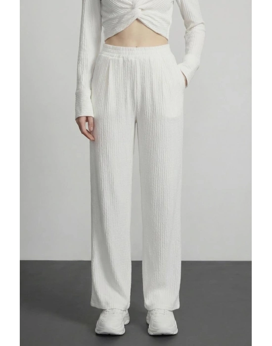 Pile Detaylı Pantolon Ekru