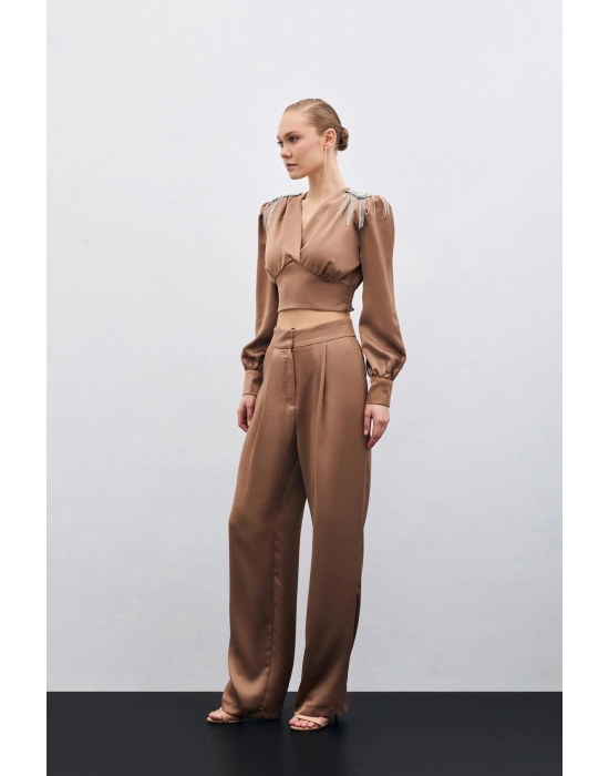 Pileli Saten Krep Pantolon - Camel