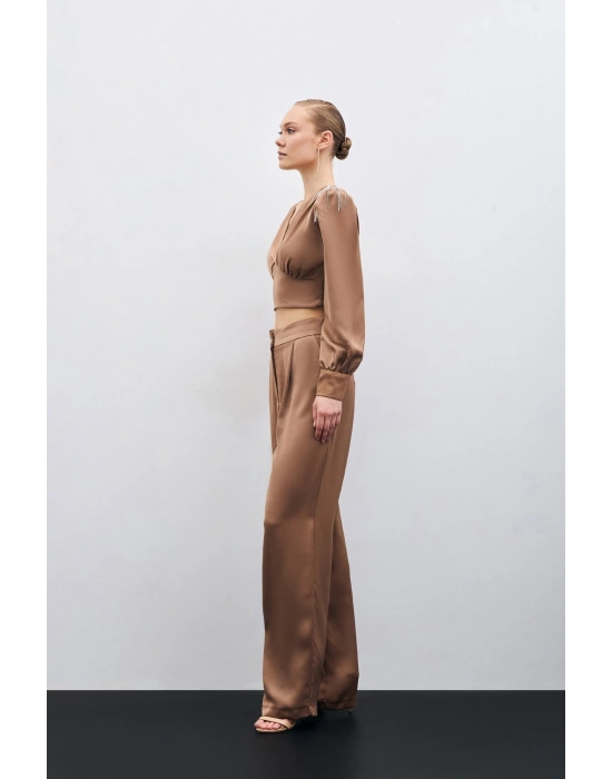 Pileli Saten Krep Pantolon - Camel