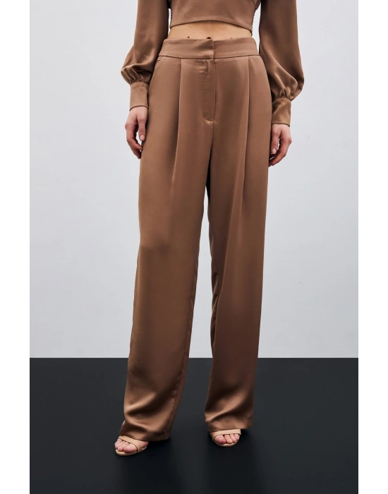 Pileli Saten Krep Pantolon - Camel