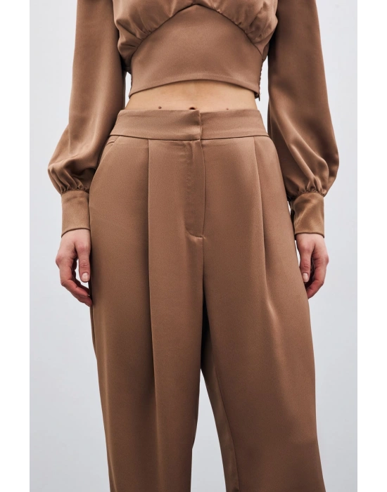 Pileli Saten Krep Pantolon - Camel