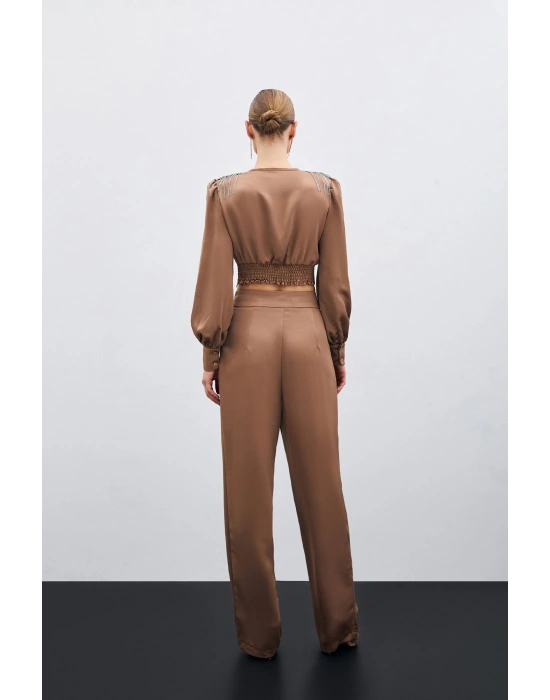 Pileli Saten Krep Pantolon - Camel