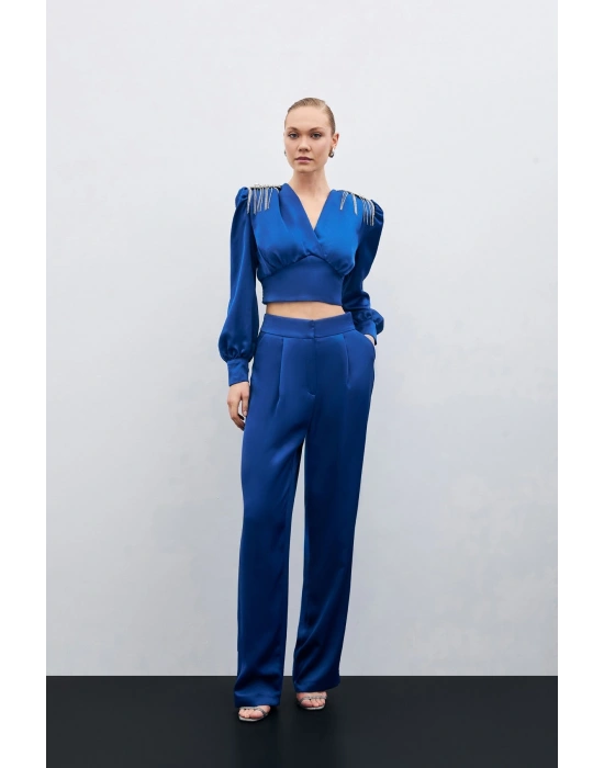 Pileli Saten Krep Pantolon - İndigo