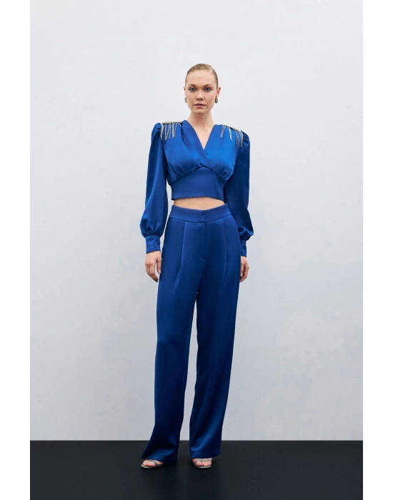 Pileli Saten Krep Pantolon - İndigo