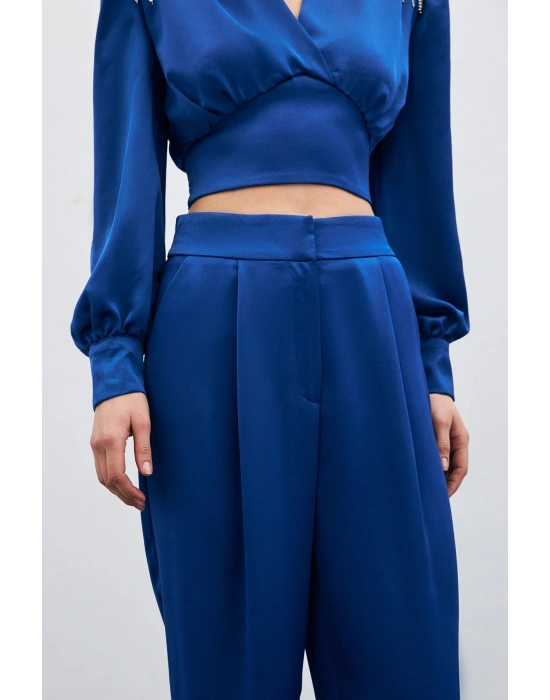 Pileli Saten Krep Pantolon - İndigo