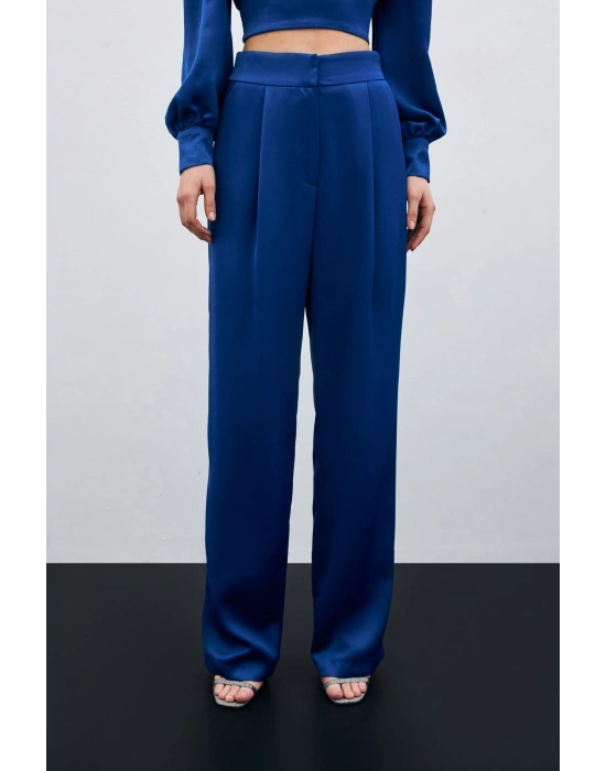Pileli Saten Krep Pantolon - İndigo