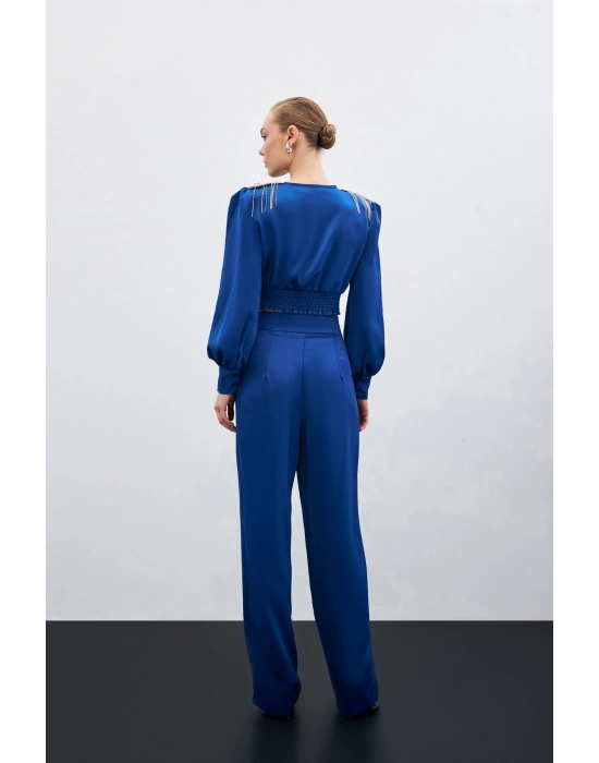 Pileli Saten Krep Pantolon - İndigo