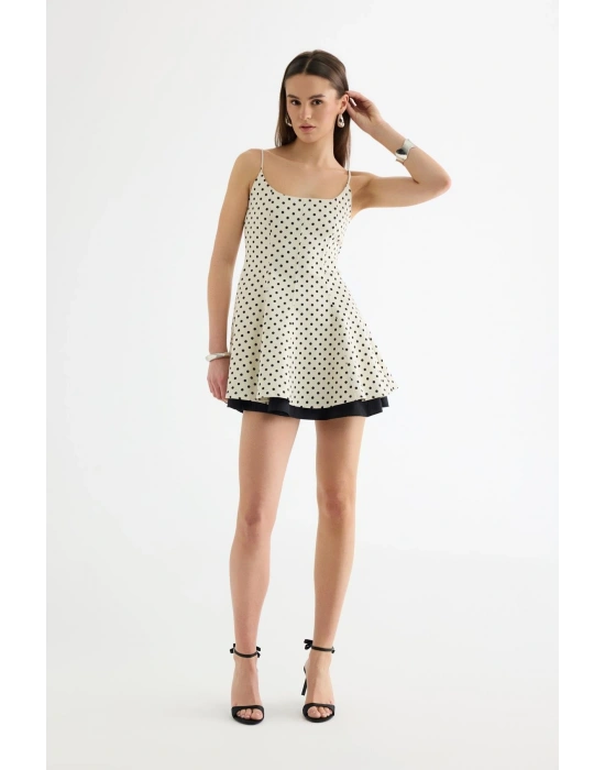 Puantiye Desenli Elbise Krem