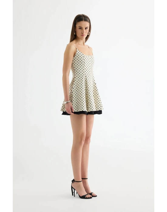 Puantiye Desenli Elbise Krem