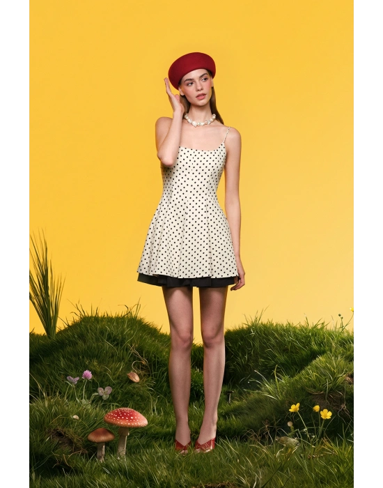 Puantiye Desenli Elbise Krem