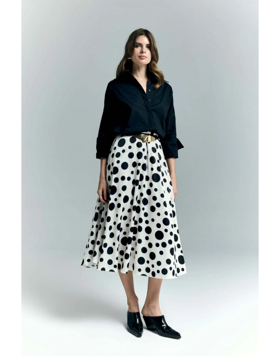 Puantiye Desenli Kloş Etek - Ekru