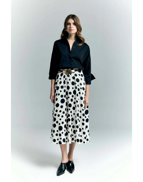 Puantiye Desenli Kloş Etek - Ekru