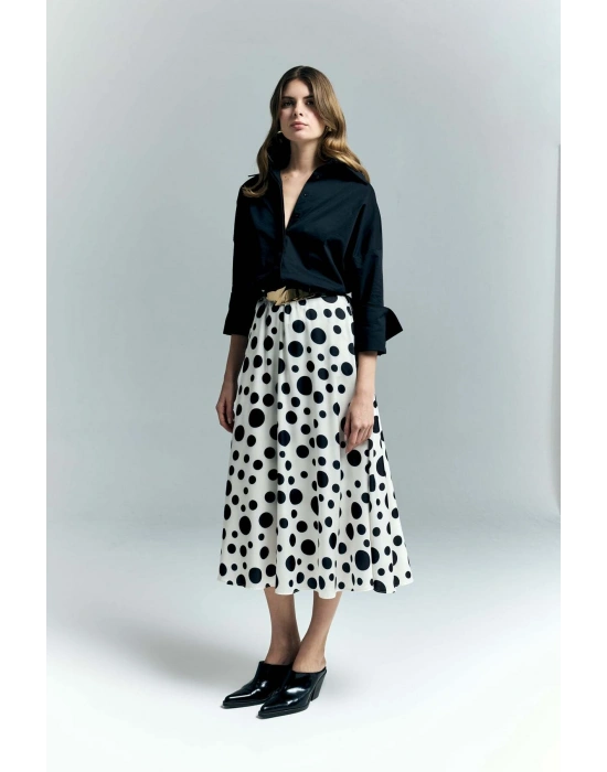 Puantiye Desenli Kloş Etek - Ekru