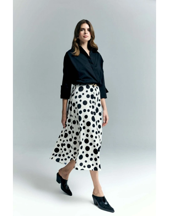 Puantiye Desenli Kloş Etek - Ekru