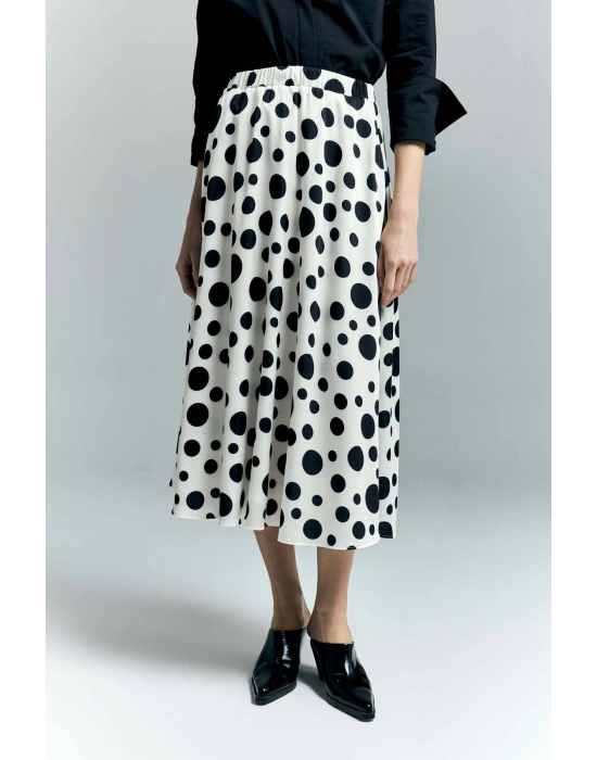 Puantiye Desenli Kloş Etek - Ekru