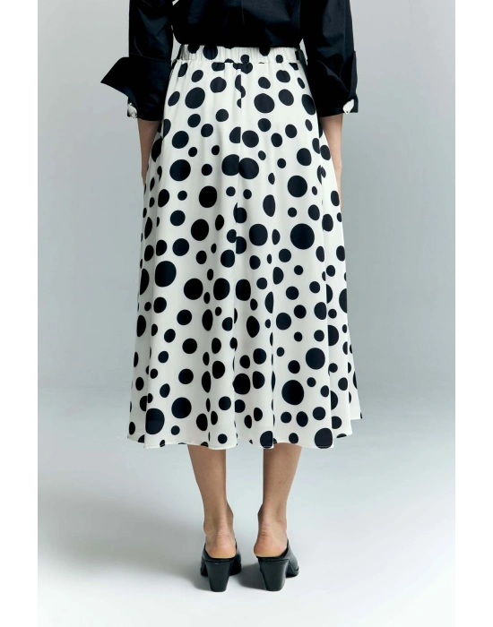 Puantiye Desenli Kloş Etek - Ekru