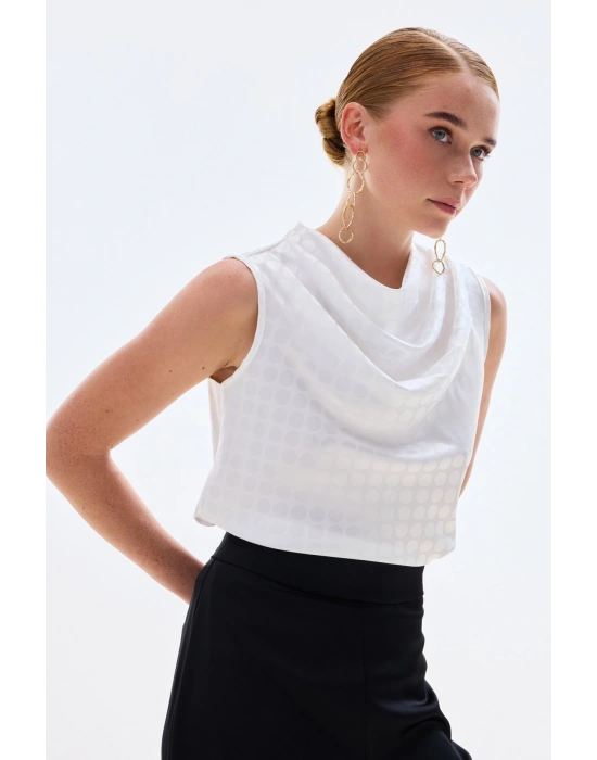 Puantiye Desenli Kolsuz Bluz - Ekru