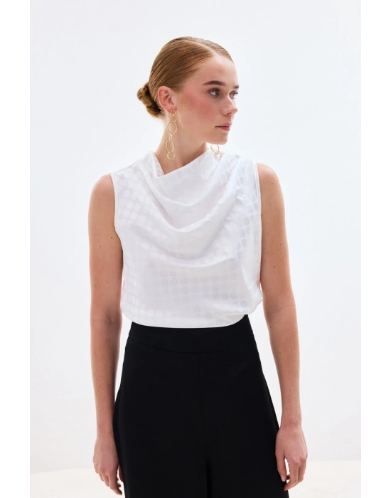 Puantiye Desenli Kolsuz Bluz - Ekru