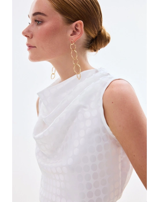 Puantiye Desenli Kolsuz Bluz - Ekru