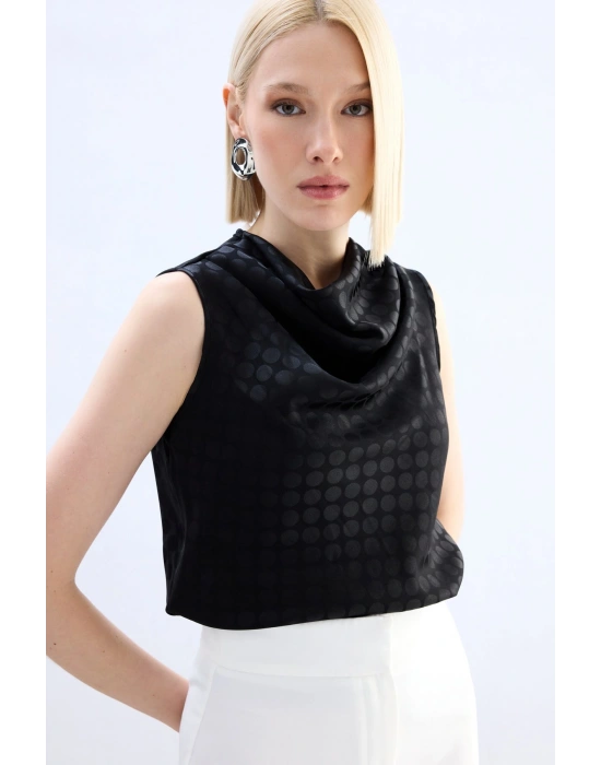 Puantiye Desenli Kolsuz Bluz - Siyah