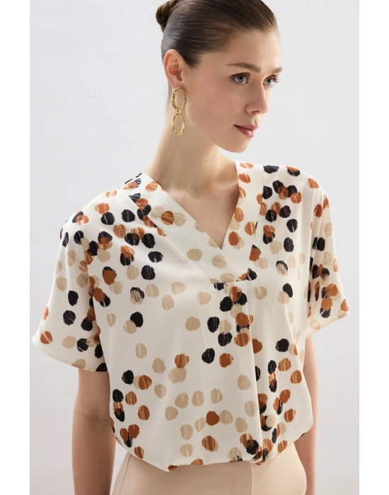 Puantiye Desenli Salaş Bluz - Bej-Kahve