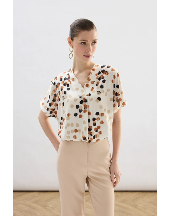 Puantiye Desenli Salaş Bluz - Bej-Kahve