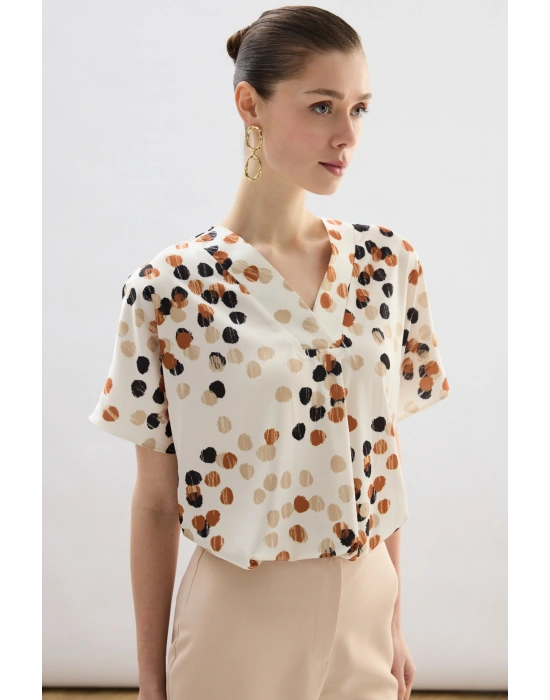 Puantiye Desenli Salaş Bluz - Bej-Kahve