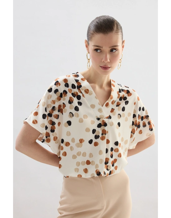 Puantiye Desenli Salaş Bluz - Bej-Kahve