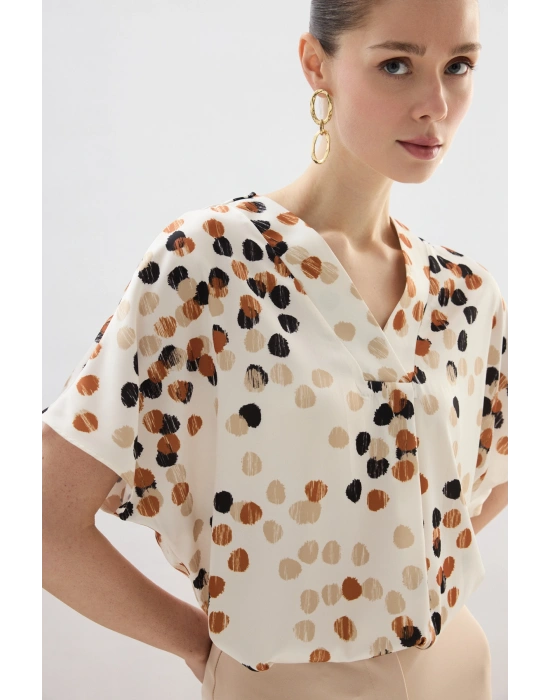 Puantiye Desenli Salaş Bluz - Bej-Kahve